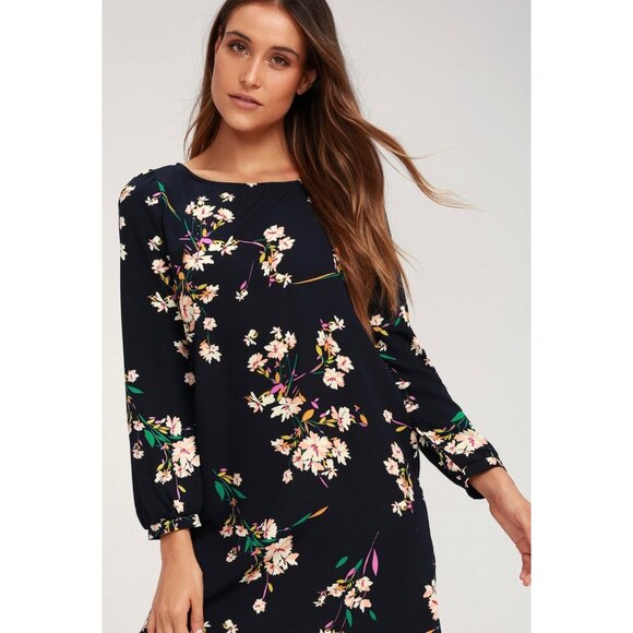 LULU'S Navy Herbaceous Babe Floral Print Long Sleeve Shift Dress Size Small - Picture 1 of 8